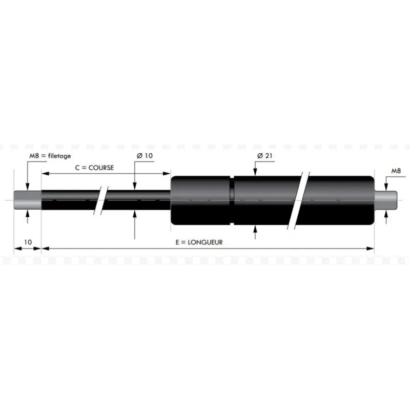 Vérin à gaz de compression chapes filetées diam10 - filetage M8 course 365mm - longueur 785mm - force 650N