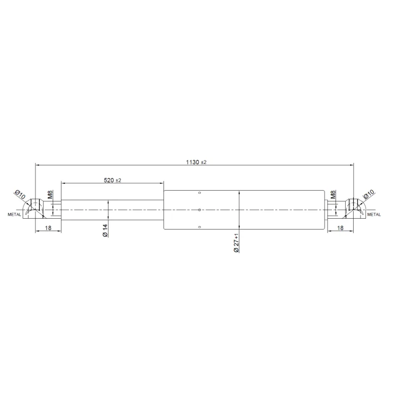 Vérin à compression chapes filetées diam14 - filetage M8 course 520 - longueur 1130 - force 450