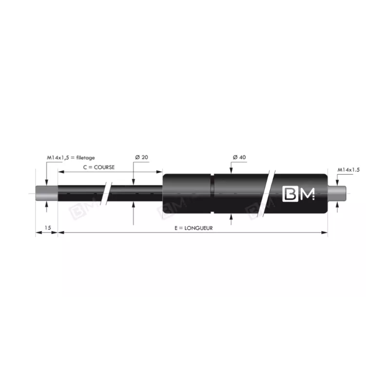 Verin à compression chapes filetées diam20 - filetage M14 course 400 - longueur 1330 - force 3000 Verin à compression chapes filetées diam20 - filetage M14 course 400 - longueur 1330 - force 3000