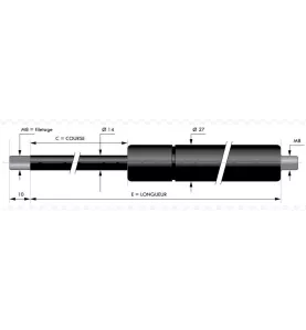Vérin à gaz compression chapes filetées diam14 - filetage M8 course 365mm - longueur 785mm - force 550