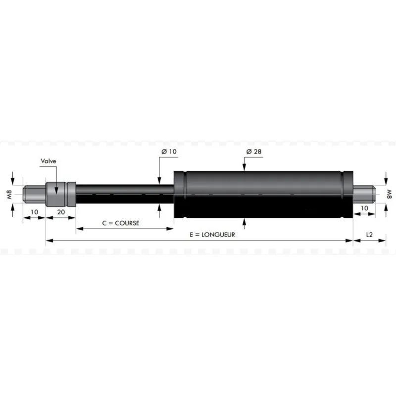 Verin à gaz de TRACTION chapes filetées diam 10mm - filetage M8 c150 - l400 - f1200 Verin à gaz de TRACTION chapes filetées diam 10mm - filetage M8 c150 - l400 - f1200