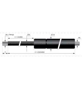Vérin à gaz à valve - chapes filetées diam8 - filetage M6 c200 - l445 - f50