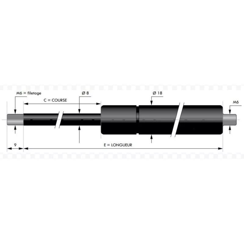 Verin à compression chapes filetées diam8 - filetage M6 c220 - l485 - f400 Verin à compression chapes filetées diam8 - filetage M6 c220 - l485 - f400