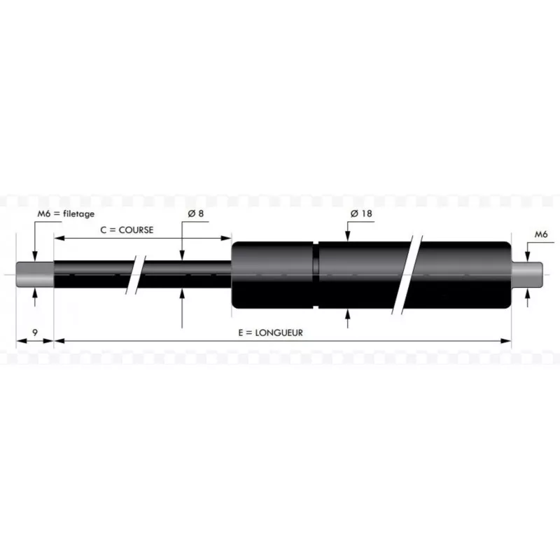 Verin à compression chapes filetées diam8 - filetage M6 c180 - l405 - f160 Verin à compression chapes filetées diam8 - filetage M6 c180 - l405 - f160
