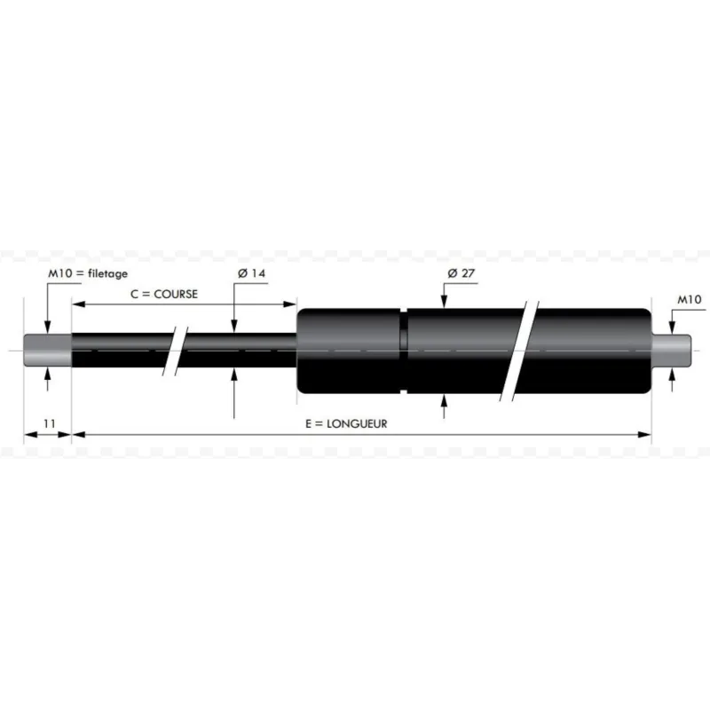 Vérin à compression chapes filetées diam14 - filetage M10 c900 - l1860 - f300 Vérin à compression chapes filetées diam14 - filetage M10 c900 - l1860 - f300