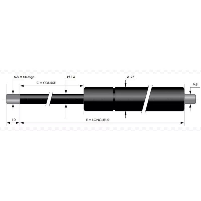 Vérin à  gaz de compression chapes filetées diam14 - filetage M8 c365 - l785 - f200