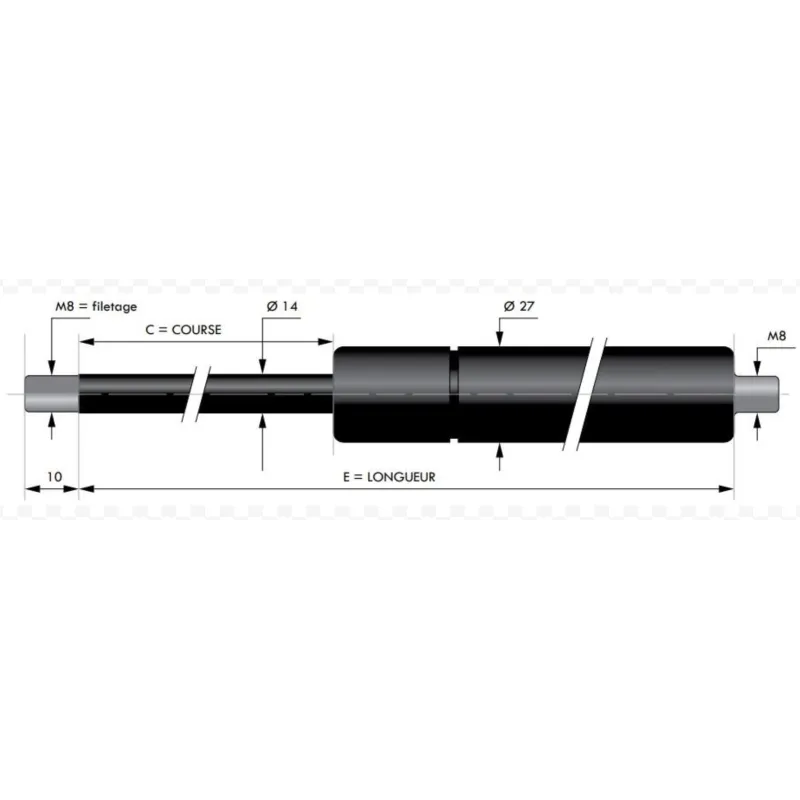 Vérin à gaz de compression chapes filetées diam14 - filetage M8 c420 - l895 - f295