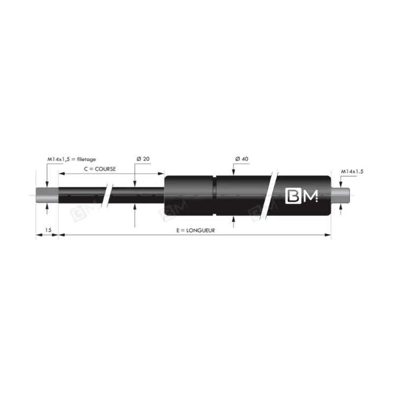 Verin à compression chapes filetées diam20 - filetage M14 c700 - l1516 - f1000 Verin à compression chapes filetées diam20 - filetage M14 c700 - l1516 - f1000