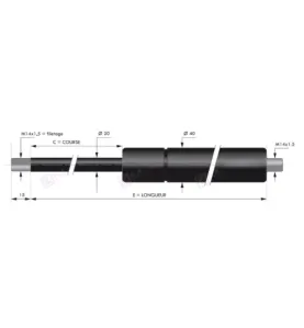 Vérin à gaz compression chapes filetées diam20 - filetage M14 c300 - l716 - f3000