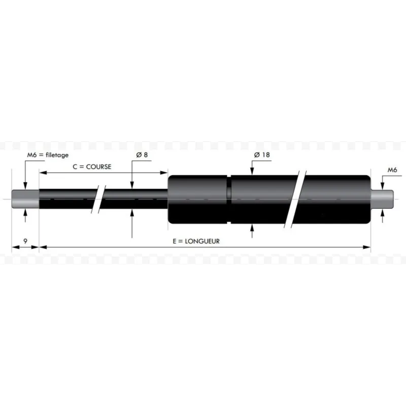 Vérin à gaz compression chapes filetées diam8 - filetage M6 course 200mm - longueur 450mm - Force 200N Vérin à gaz compression chapes filetées diam8 - filetage M6 course 200mm - longueur 450mm - Force 200N