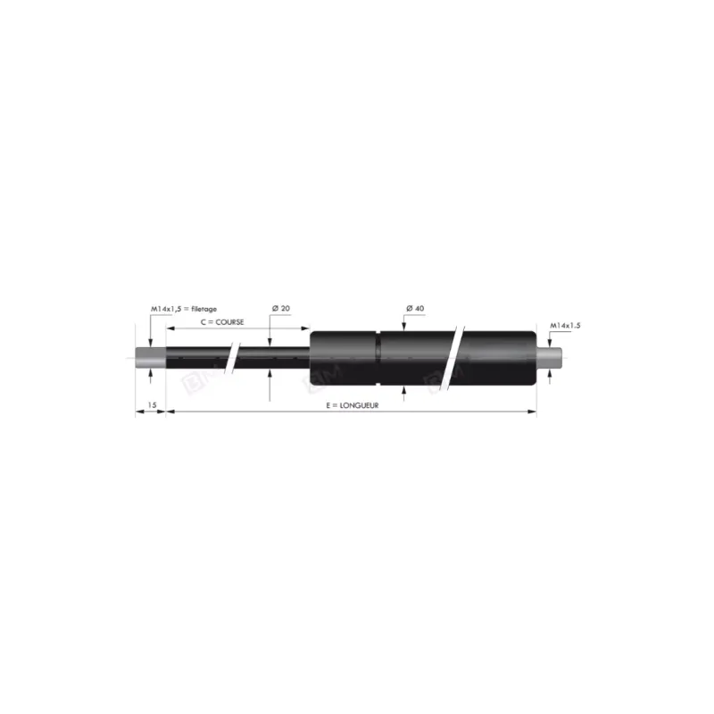 Vérin à gaz - chapes filetées diam20 - filetage M14 c500 - l1116 - f2000